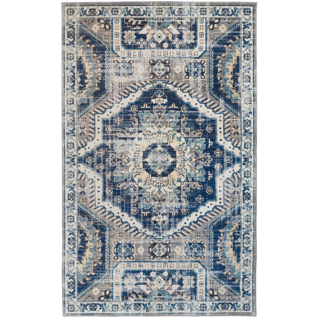 Kezia Vintage Style Tribal Kazak Rug, Classic Blue/Opal Gray