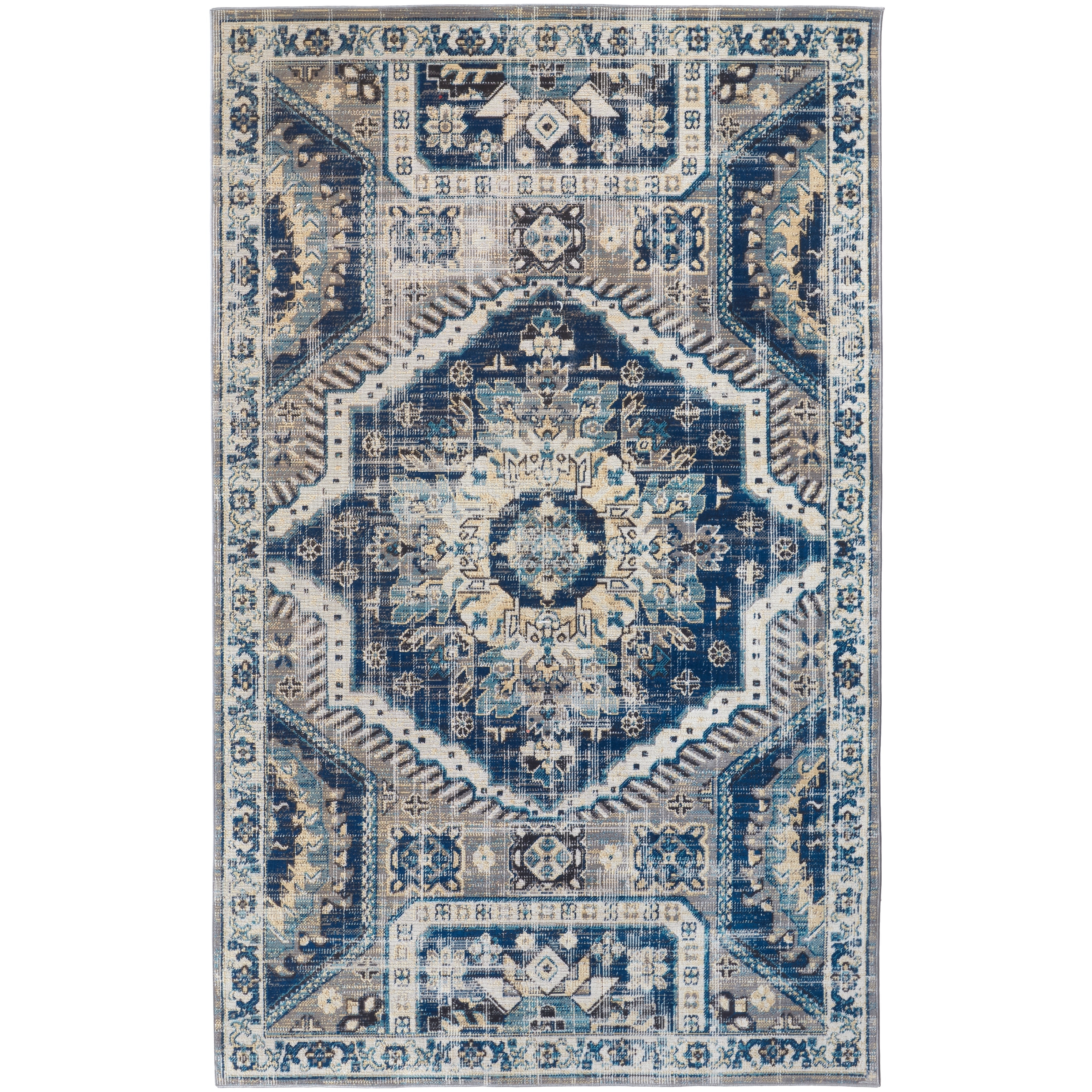 Kezia Vintage Style Tribal Kazak Rug, Classic Blue/Opal Gray
