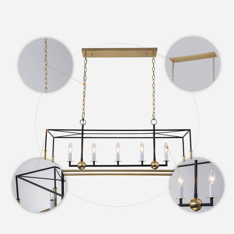 Geometric 5-Light Modern Black and Brass Rectangular Pendant Light for Dining Room