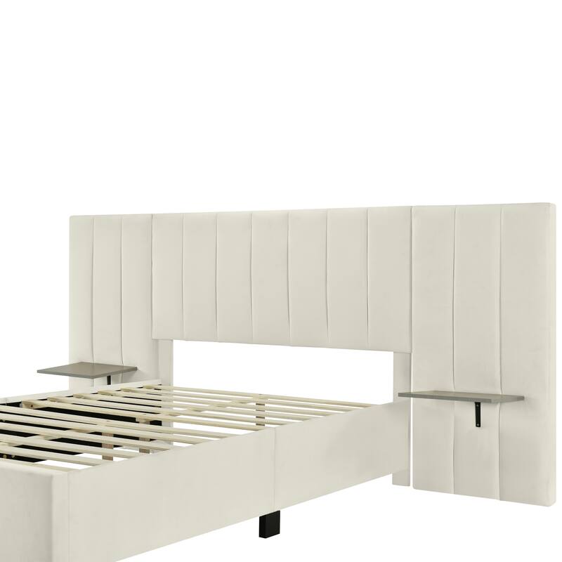 Modern Style Velvet Upholstered Platform Bed with Big Headboard for Bedroom