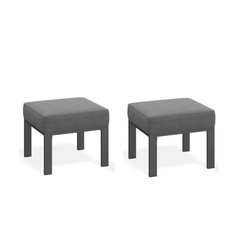 Set of 2, 22" Metal Patio Ottomans Thick Gray Cushions & Gray Frame