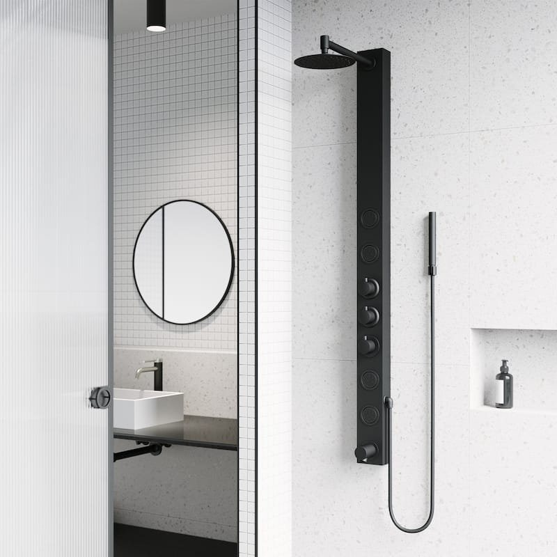 VIGO Bowery 58" H x 4" W 4-Jet Shower Panel with Round Shower Head and Tub Filler