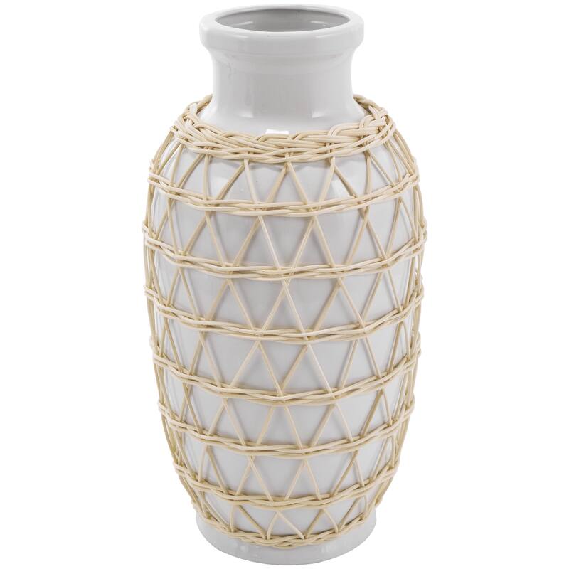 Ceramic Handmade Decorative Vase with Woven Rattan Exterior - White - Roche River Decor