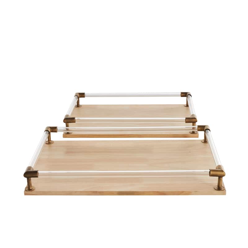 Mango Wood Tray with Copper Metal Edges and Acrylic Sides - Set of 2 Light Brown - Roche River Decor - 12"W x 19"L x 3"H