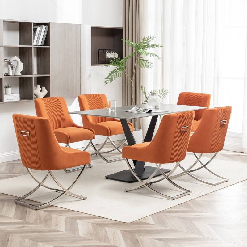 SEYNAR Contempoary Velvet Dining Chair Set of 6 with Metal Frame Legs and Back Pull - Orange