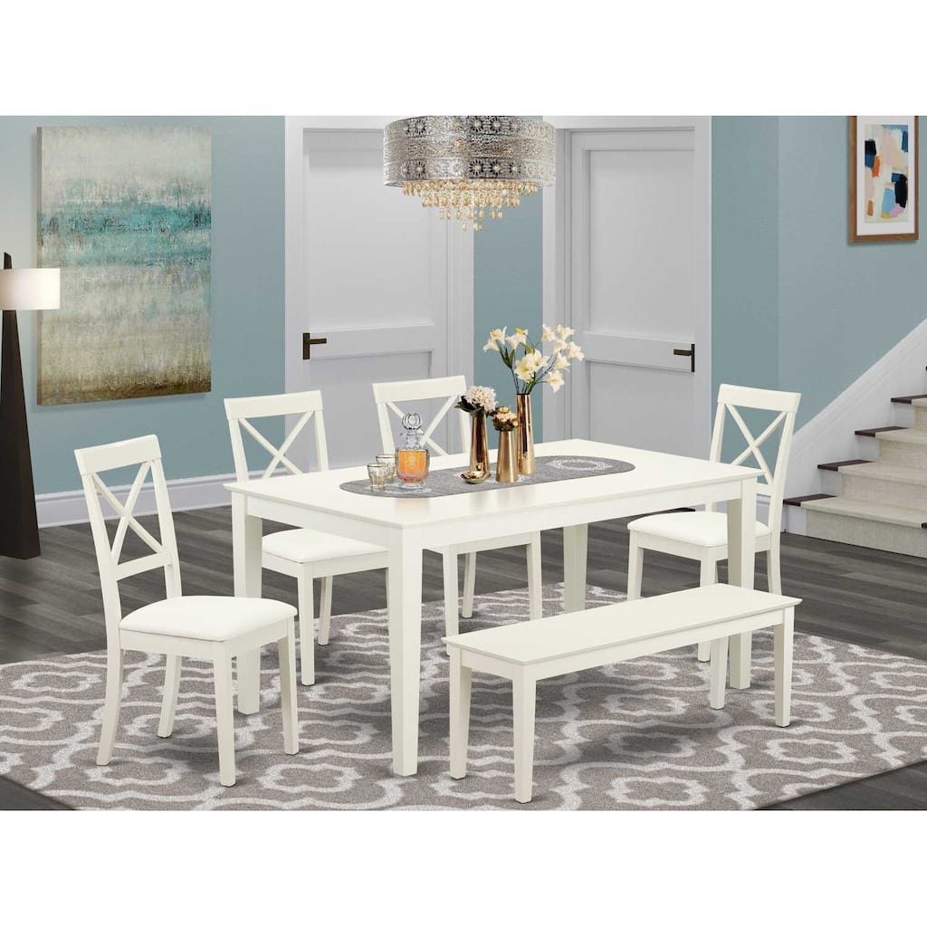 HomeStock 6-Piece Rectangle Linen White Finish Solid Wood Top Dining Table with 1 Bench, 4 Chairs with Lattice Back