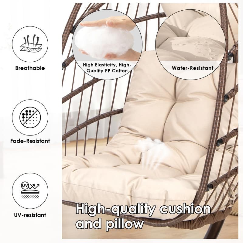 Oversized Hanging Egg Chair with Stand, Indoor Outdoor Swing Chair, 350 lbs Capacity Cozy Rattan Lounge