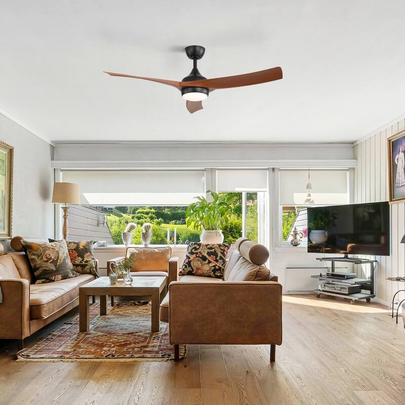 52 Inch Black Ceiling Fan with 3 Dark Wood Grain ABS Blades Remote Control Reversible Motor Dimmable Light
