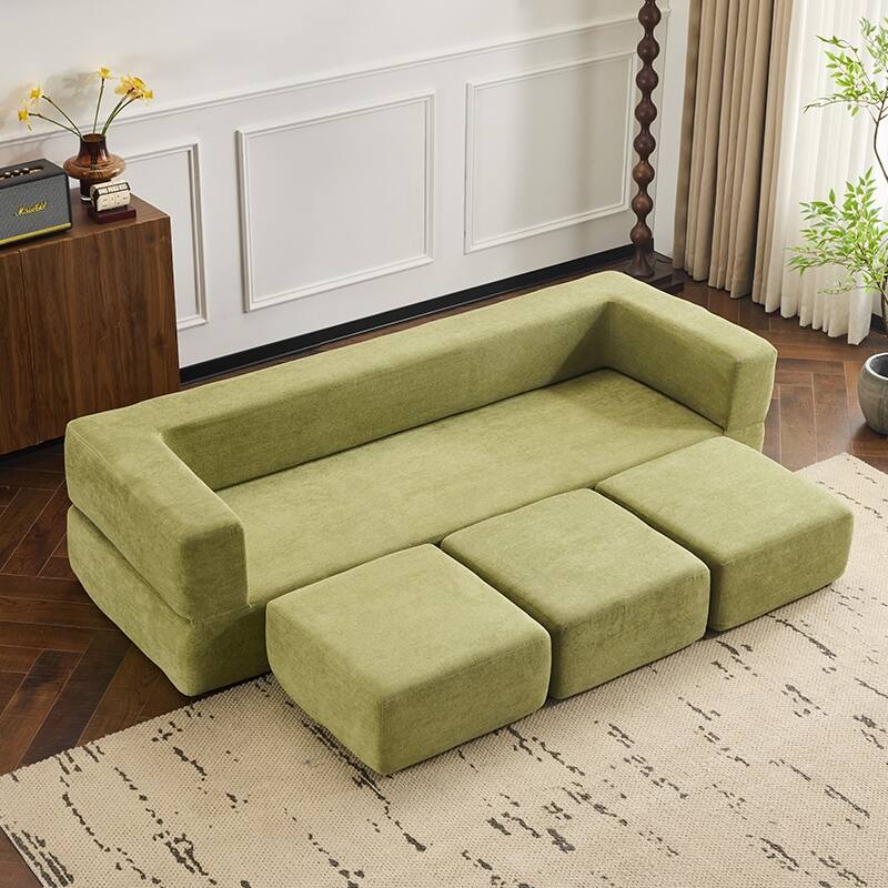 Convertible Sectional Sofa With 3 Storage Ottomans - High-Resilience Foam Sleeper, Space-Saving Chenille Floor Sofa