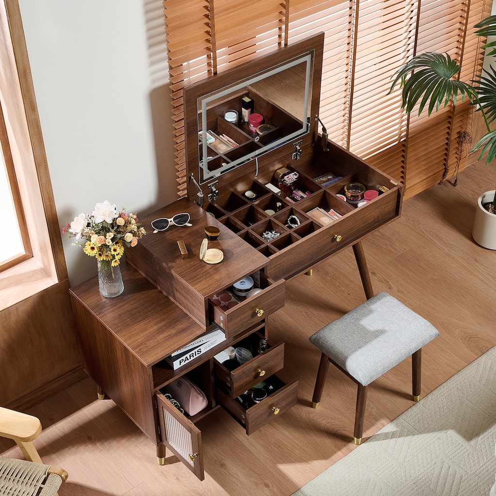 3-in-1 Vanity Desk with Lighted Flip-Top Mirror & Retractable Side Cabinet, Vanity Set with Stool & Storage Drawers