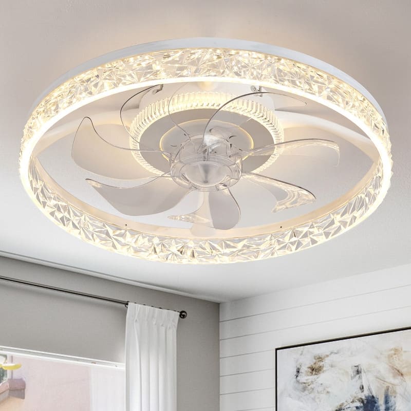 Modern Ceiling Fan Light, Remote, Dimmable LED, 6-Speed, Quiet, Flush Mount - White