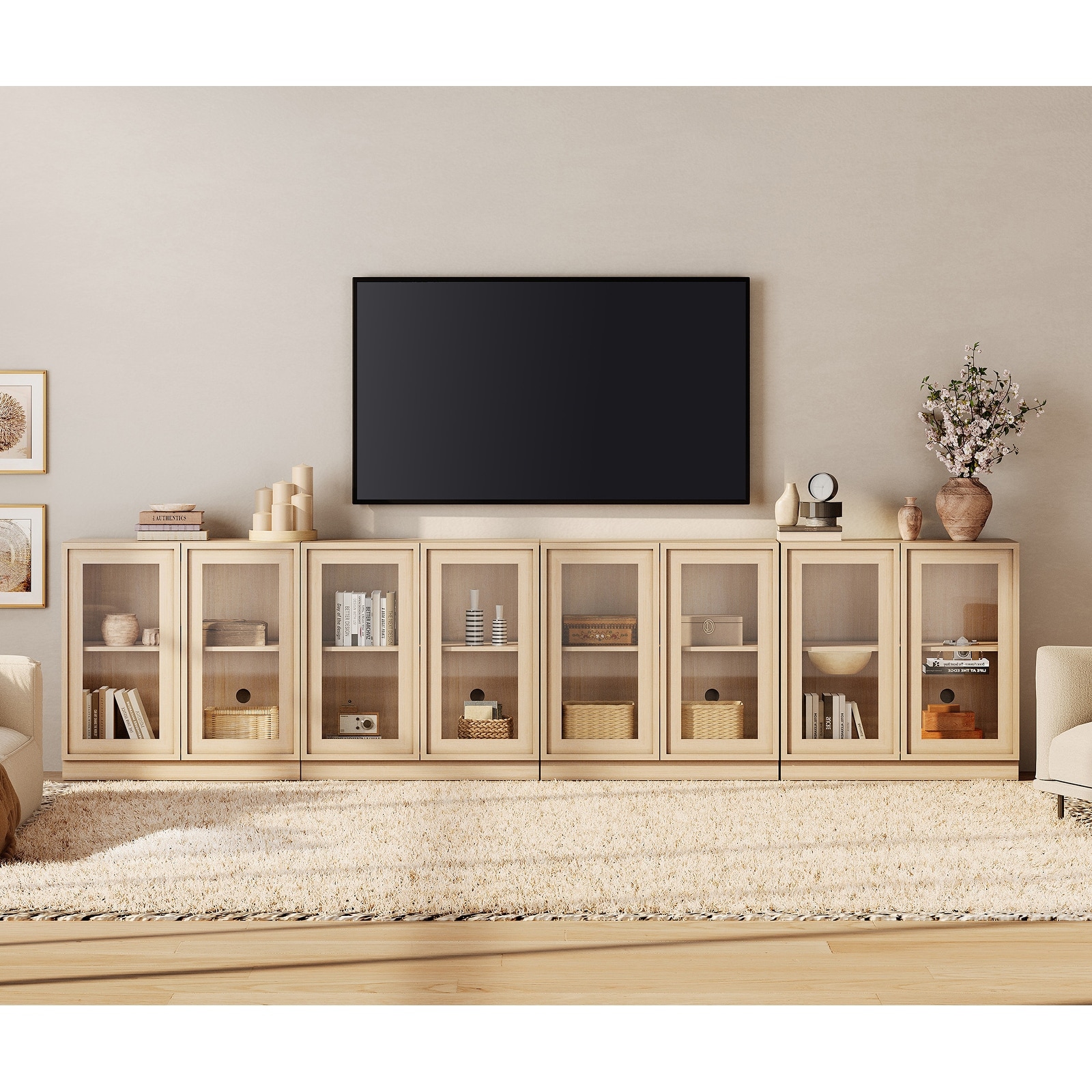 WAMPAT Modern TV Stand, Wooden Entertainment Center TV Console with 2 Glass Doors and Adjustable Shelf for Living Room, Bedroom