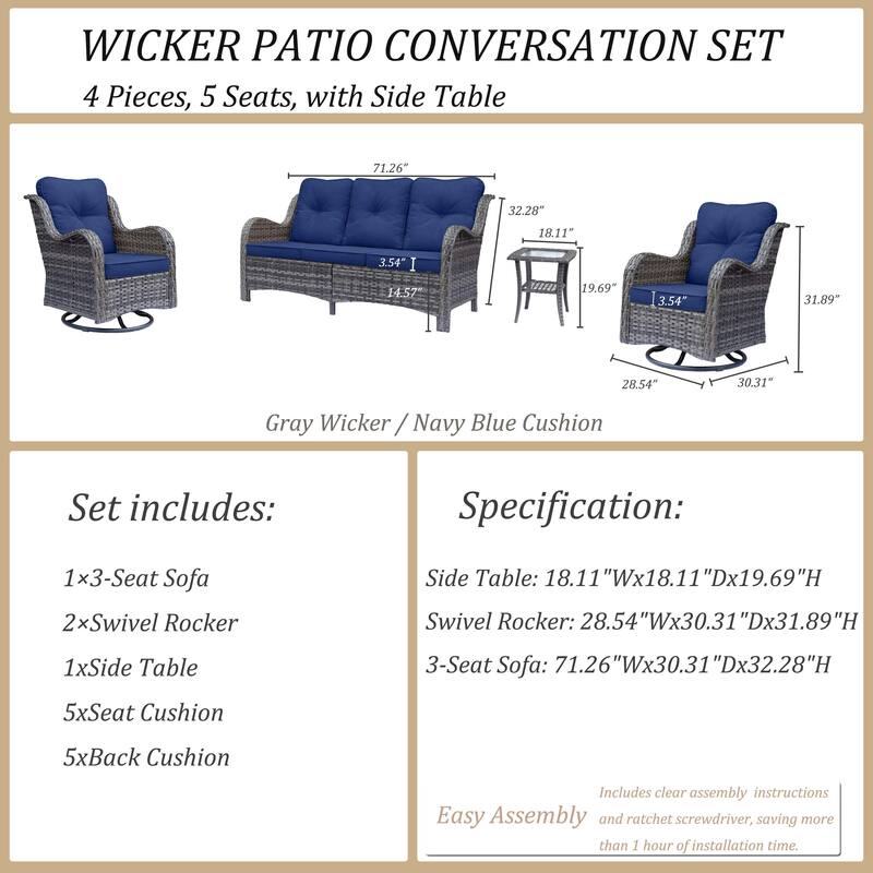 4 Piece Patio Furniture Seating Sofa Set with Swivel Chair and Cushion