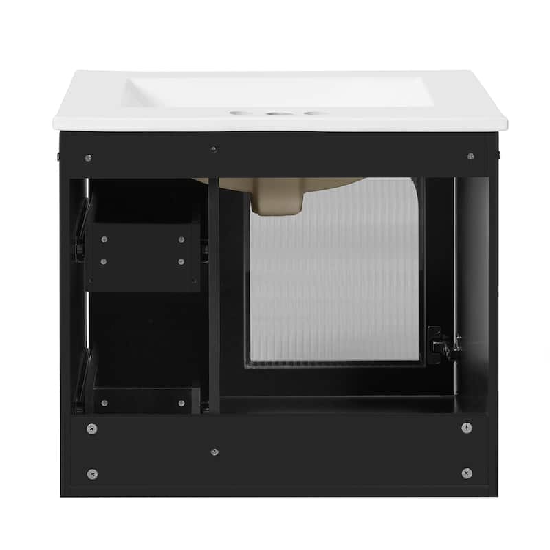 24" Wall-Mounted Bathroom Vanity with Ceramic Sink - Space-Saving Design, 2 Drawers and Soft-Close Door