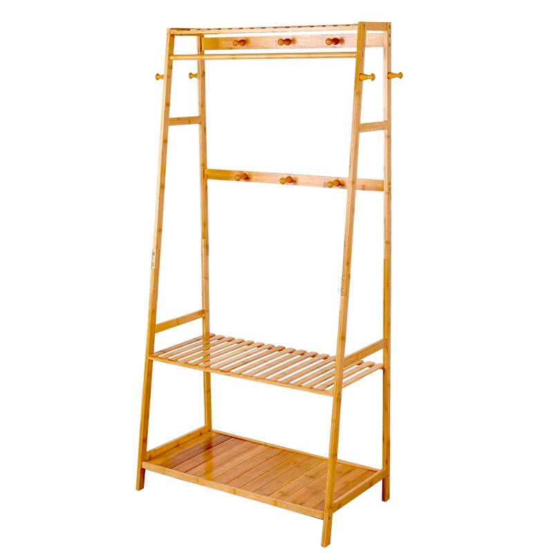 Bamboo Garment Rack 3 Tier Storage Shelves with Hanging Hooks