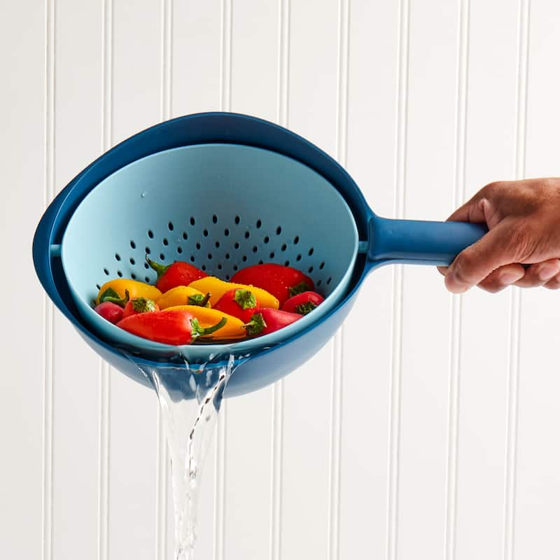 2 Piece Rotatable Colander Set with Swing Basket, Blue
