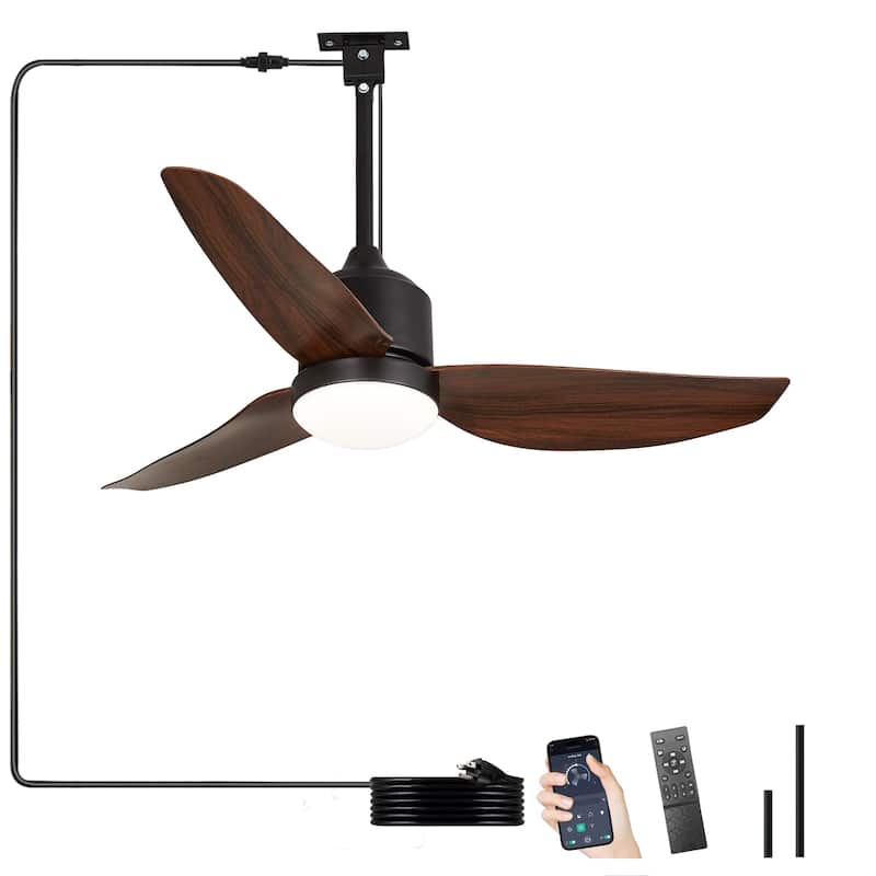 Outdoor Ceiling Fan with Light: 42-52 Inch Hanging - Plug in Waterproof Fans for Patio - Dimmable Remote App Control Black - Walnut - 42in