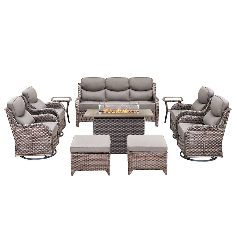 Pocassy 10 Pieces Outdoor 6 Inch Sofa Swivel Chair Ottoman with Fire Table