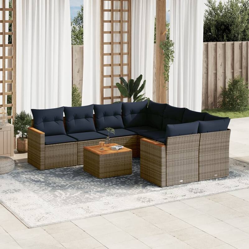 vidaXL Patio Sofa Set with Cushions Outdoor Furniture 9 Piece Poly Rattan - 24.4x 24.4x 27.2 - Grey and Blue