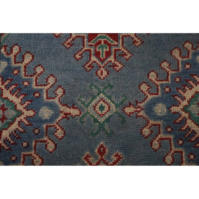 Hand Knotted Oriental 100% Wool Carpet Traditional Geometric Navy Blue & Blues Kazak Runner Rug - 8' 11'' X 2' 9''