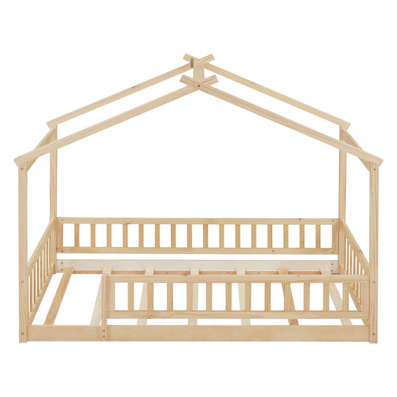 Natural Twin Size Wood House Bed Frame with Roof and Fence, for Kids, Teens, Girls, Boys