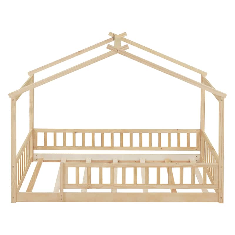 Twin Size Wood House Bed Frame with Roof and Fence, for Kids, Teens, Girls, Boys