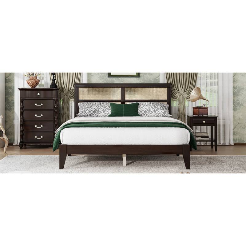 Roomfitters Queen Solid Rubber Wood Bed Frame with Rattan Headboard, Reinforced Support Feet Platform Design, Espresso
