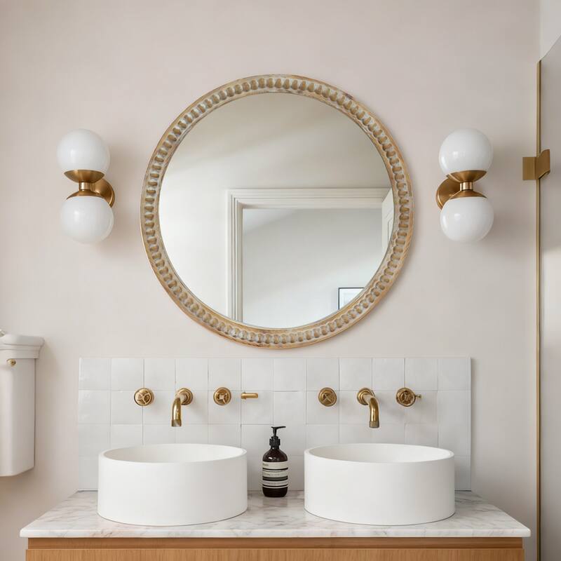 Round Decorative Wall Mirror, 27.5" Distressed Wood Beaded Frame Mirror for Entryway, Living Room, Bathroom - Natural Wood