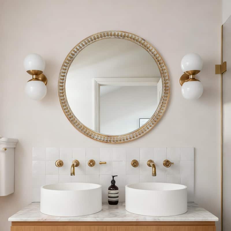 Round Distressed Wood Beaded Frame Mirror - Farmhouse Accent for Entryway, Living Room - Natural Wood