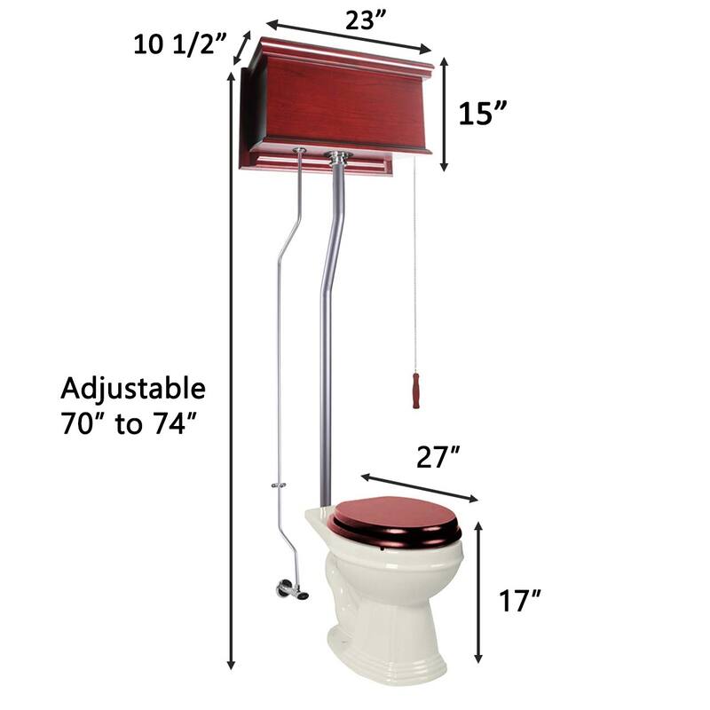 Cherry Wooden High Tank Toilet Flat Tank, Elongated White Bowl and Satin Plated L Pipe - White