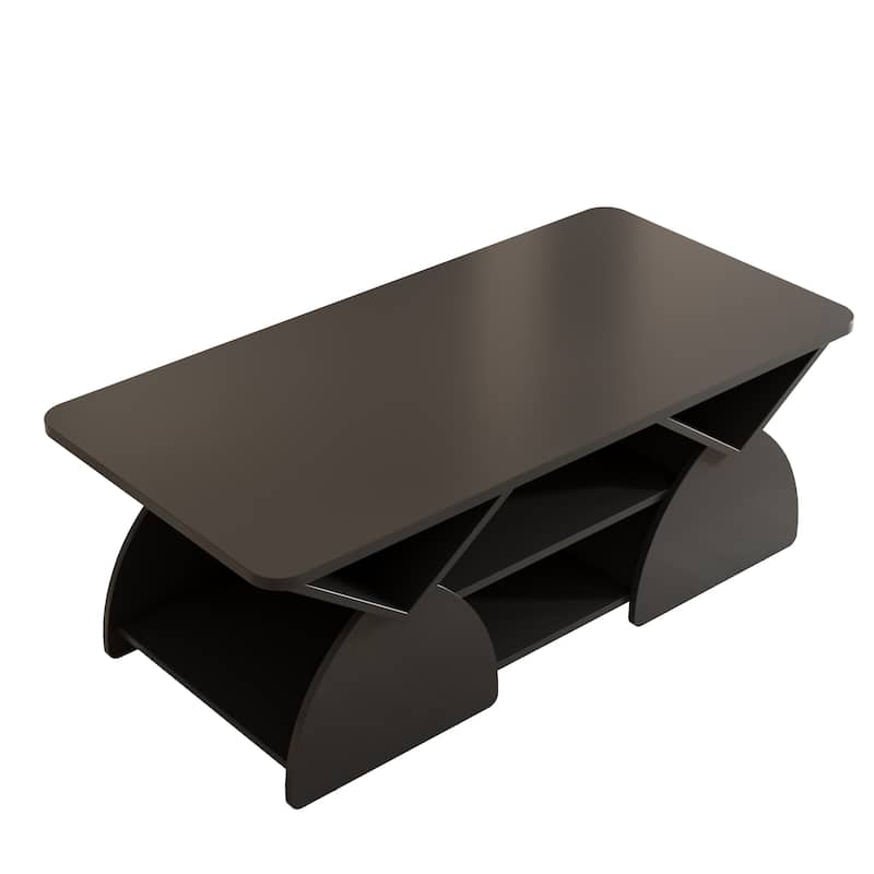 Wood rounded corner rectangular coffee table open shelves sturdy frame Geometric Design