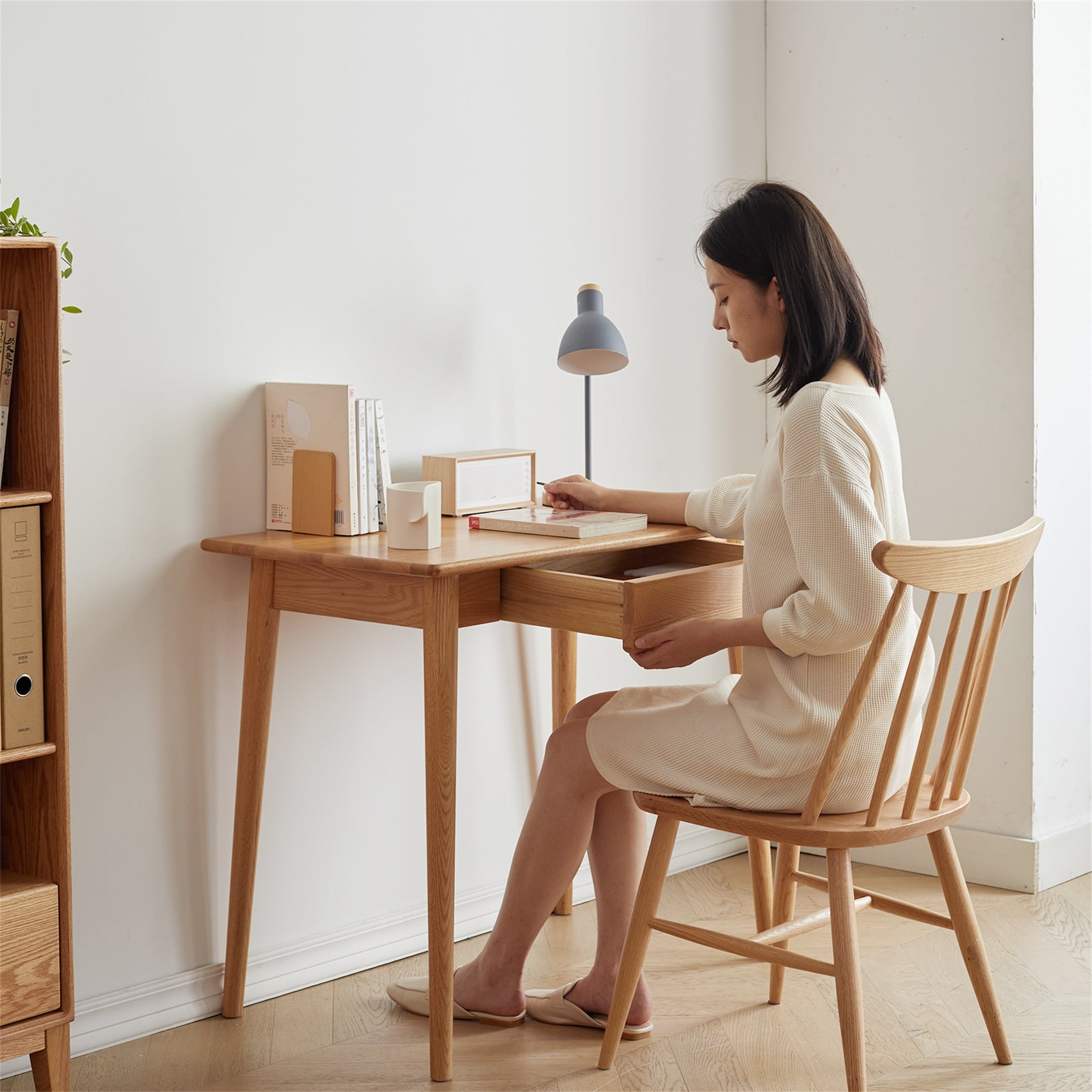 Solid Wood Natural Wood Computer Desk with Drawer - Bed Bath