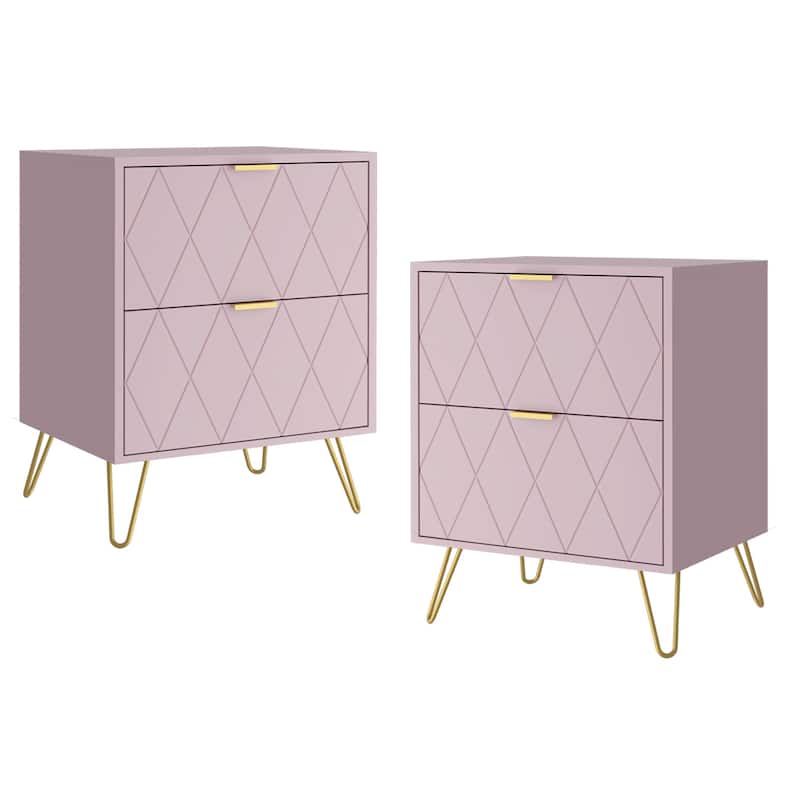 Modern Set of 2 Nightstands with Metal Legs 2-Drawer Bedside Table - Pink-Medium