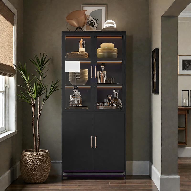 76.75 Inch Glass Display Cabinet with LED Lights, 3 Sided Tempered Glass Steel Curio Cabinet with Double Doors - Black