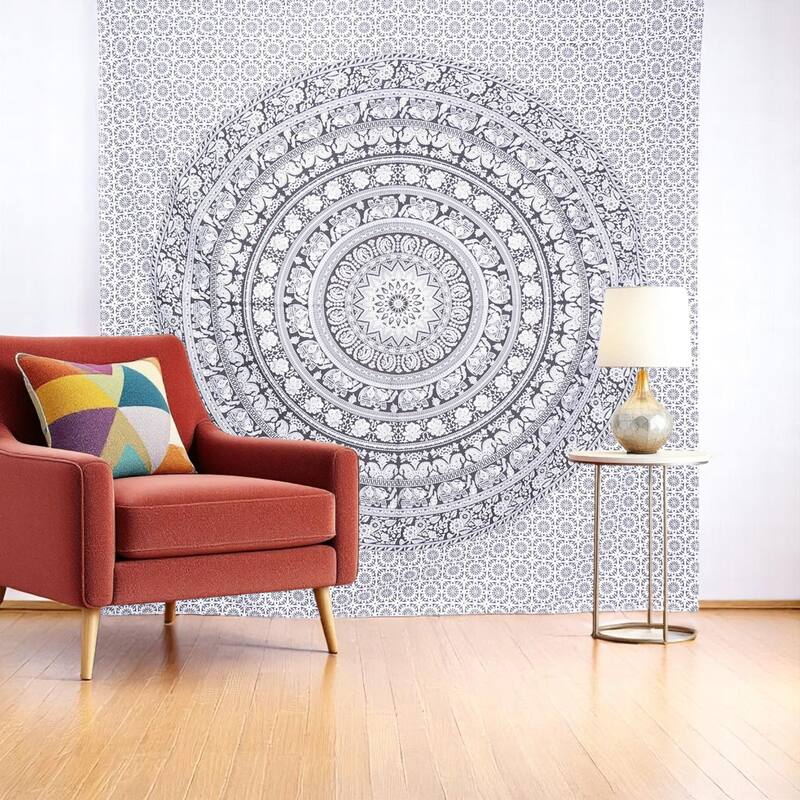 HomeRoots 92" X 84" Black And White Mandala Cotton Hanging Tapestry - White/Black