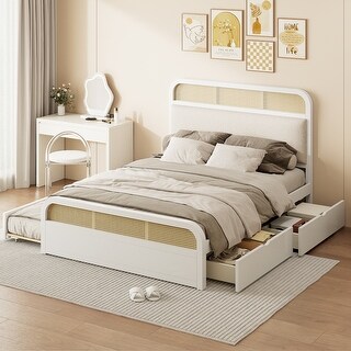 Queen Size Platform Bed with Trundle, Pine Wooden Bed with 2 Drawers, Kid's Bed with Rattan Headboard, White