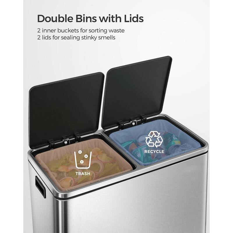 Stainless Steel Dual Compartment Trash Can with Soft-Close Lid Foot Pedal and Removable Inner Buckets