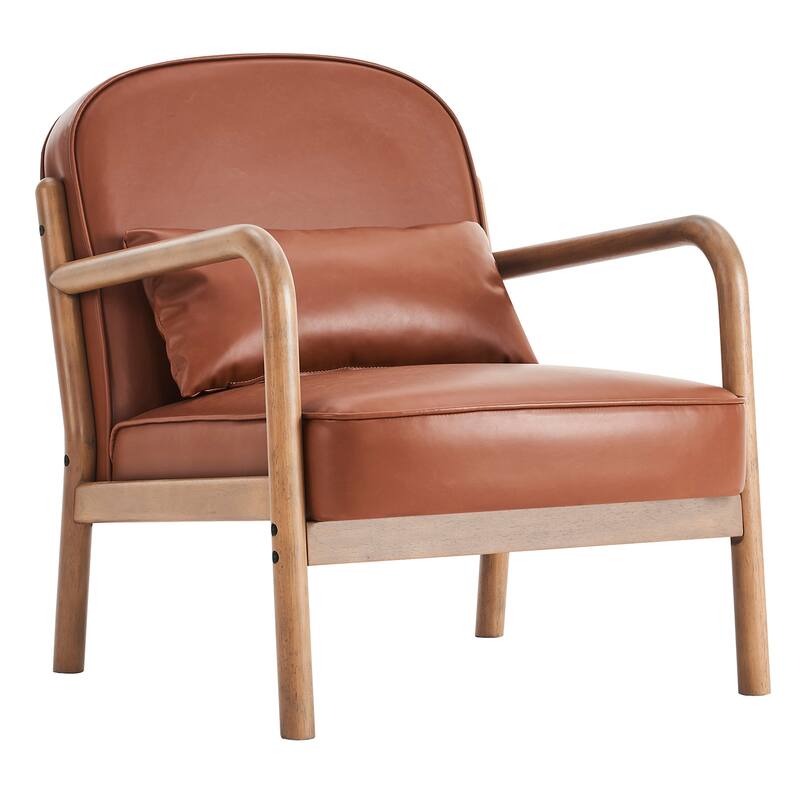 Mid-Century Modern Faux Leather & Solid Wood Accent Chair - Saddle