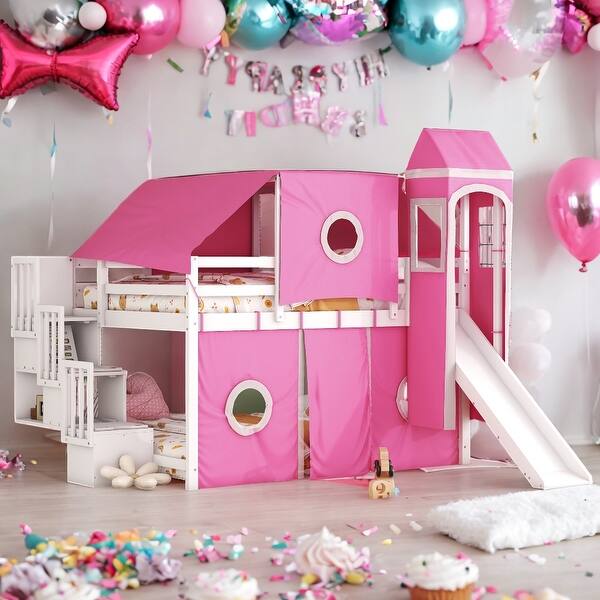 slide 2 of 24, Full Size Loft Bed with Tent and Tower,Spacious Under Bed Space Pink
