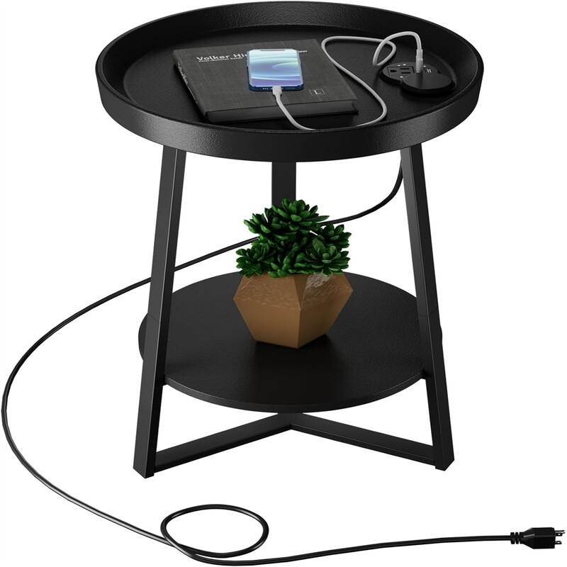 End Table with Charging Station - 15.7"D x 15.7"W x 23.6"H - Black With Charging Station
