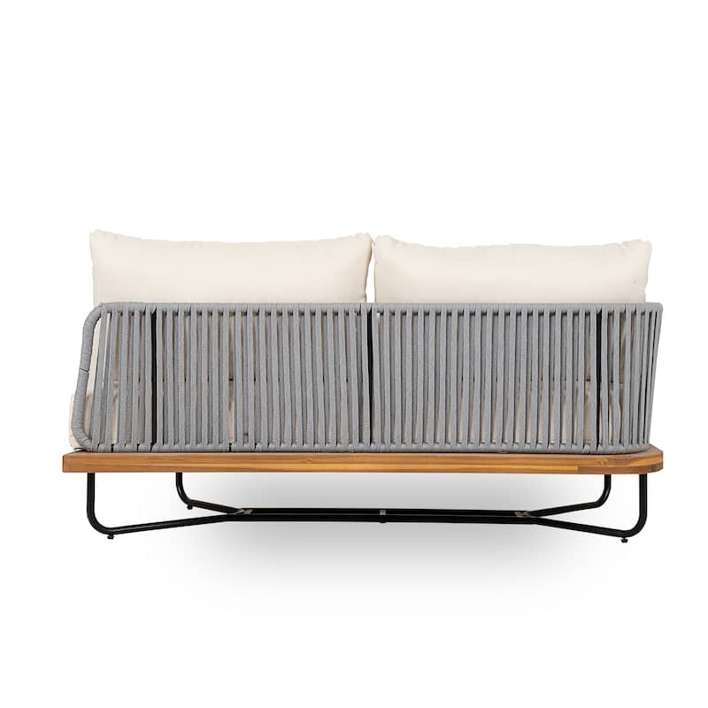 Roomfitters Outdoor Acacia Wood Rope Woven Left/Right Arm Sofa with Cushions, Beige