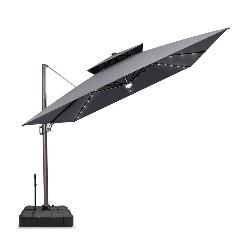 11 FT Square Outdoor Patio Cantilever Umbrella with Solar Lights Rod Wheel Base Double Canopy 360 Rotation Tilt