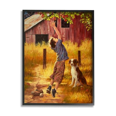 Stupell Boy Jumping for Autumn Farm Apple with Dog Framed Wall Art