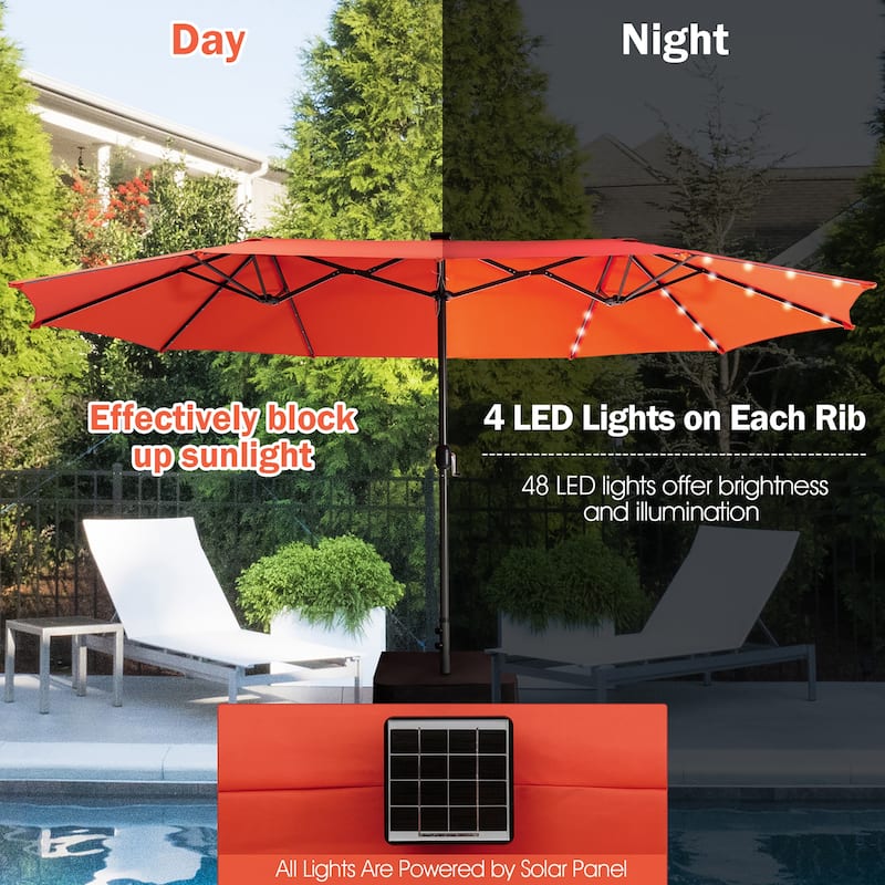 Gymax 15Ft Solar LED Patio Outdoor Double-Sided Umbrella w/ 48 Lights