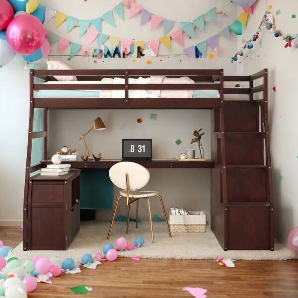 slide 2 of 39, Modern Twin Size Loft Bed With 7 Drawers,2 Shelves and Desk,Sturdy Construction Espresso
