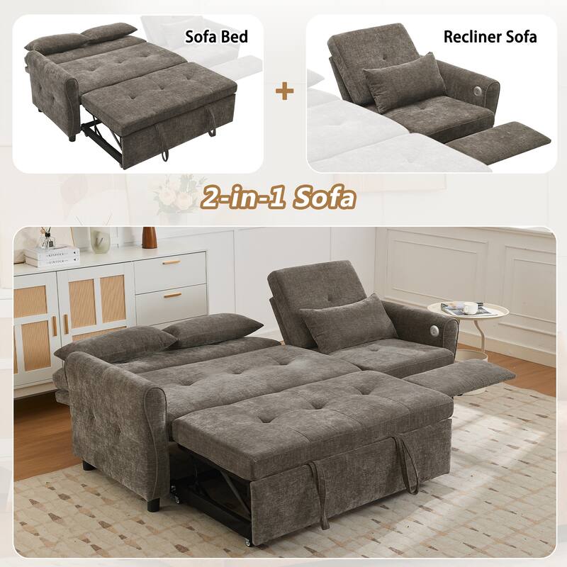 82″ Chenille 2-in-1 Sofa Bed with Adjustable Backrest, Reversible Chaise & USB Ports