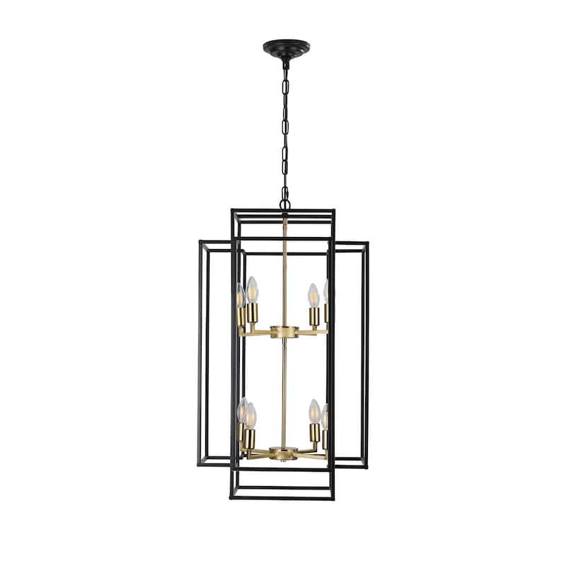 8-Lights Black & Gold Lantern Tiered Pendant Light Fixtures, Industrial Farmhouse Hanging Chandelier (No Bulbs)