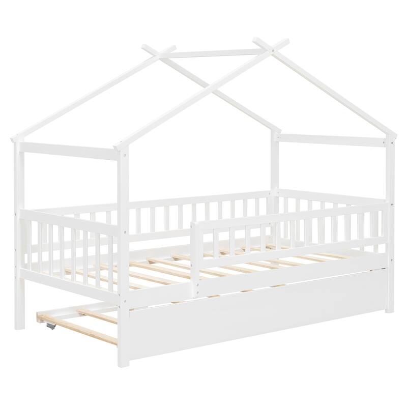 Montessori Bed House Bed with Trundle Bed and Headboard, Wood Daybed Platform Bed Frame No Box Spring Needed for Boys Girls