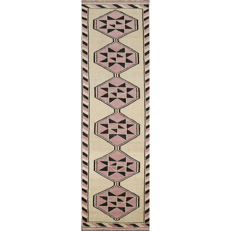 Geometric Anatolian Vintage Runner Rug Foyer Handmade Wool Carpet - 2'11"x 11'7"