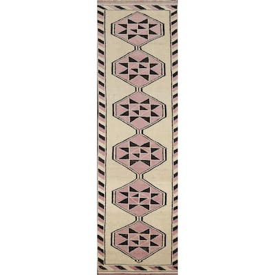 Geometric Anatolian Vintage Runner Rug Foyer Handmade Wool Carpet - 2'11"x 11'7"